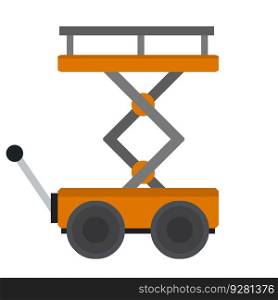 Lift on wheels. Warehouse cart. Storage element. Yellow mechanism. Cartoon flat illustration. Lift on wheels. Warehouse cart.