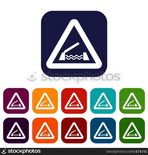 Lifting bridge warning sign icons set vector illustration in flat style In colors red, blue, green and other. Lifting bridge warning sign icons set