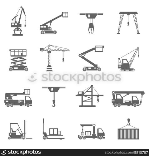 Lifting equipment and heavy industrial machines black icons set isolated vector illustration. Lifting Equipment Icons