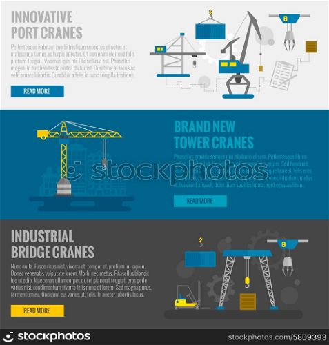 Lifting equipment horizontal banner set with cargo and construction cranes elements isolated vector illustration. Lifting Equipment Banner