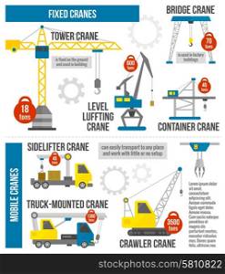 Lifting equipment infographics set with cranes and heavy machinery symbols vector illustration. Lifting Equipment Infographics