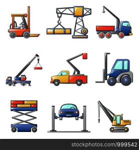 Lifting machine equipment icons set. Cartoon illustration of 9 lifting machine equipment cargo vector icons for web. Lifting machine icons set, cartoon style