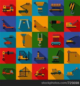 Lifting machine equipment icons set. Flat illustration of 25 lifting machine equipment cargo vector icons for web. Lifting machine icons set, flat style