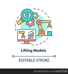 Lifting models concept icon. Tracking equipment condition abstract idea thin line illustration. Digital twin model. Isolated outline drawing. Editable stroke. Roboto-Medium, Myriad Pro-Bold fonts used. Lifting models concept icon