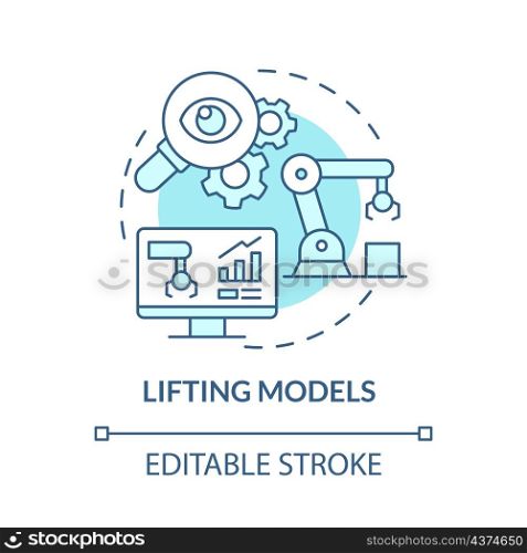 Lifting models turquoise concept icon. Digital twin abstract idea thin line illustration. Professional checkup. Isolated outline drawing. Editable stroke. Roboto-Medium, Myriad Pro-Bold fonts used. Lifting models turquoise concept icon