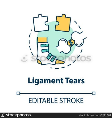 Ligament tears concept icon. Muscle injury, tendon rupture. First aid, trauma treatment scheme idea thin line illustration. Vector isolated outline RGB color drawing. Editable stroke