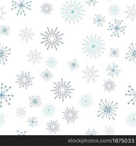 Light and dark blue snowflakes are scattered on a white background. Design for decor, prints, textile, furniture, cloth, digital. Vector seamless pattern EPS 10