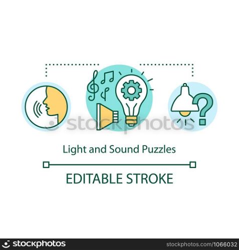 Light and sound puzzles concept icon. Interactive game idea thin line illustration. Audio and visual elements. Different types of puzzles. Vector isolated outline drawing. Editable stroke