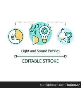 Light and sound puzzles concept icon. Interactive game idea thin line illustration. Audio and visual elements. Different types of puzzles. Vector isolated outline drawing. Editable stroke