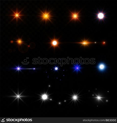 Light and stars shine golden white or blue neon lens flare effect. Vector isolated set of sunshine light flashes and sparkles with glare beams and twinkling glitter lights on transparent background. Light and stars shine lens flare sun beams glowing sparkles vector isolated gold and neon icons