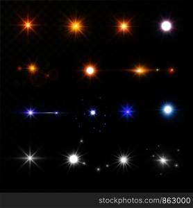 Light and stars shine golden white or blue neon lens flare effect. Vector isolated set of sunshine light flashes and sparkles with glare beams and twinkling glitter lights on transparent background. Light and stars shine lens flare sun beams glowing sparkles vector isolated gold and neon icons