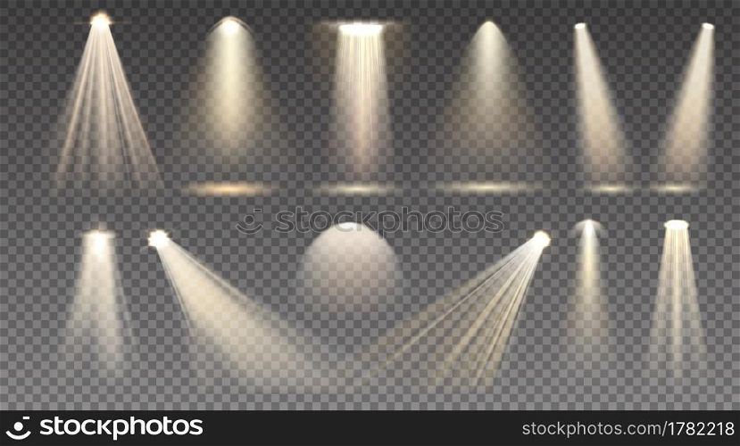 Light beam. Realistic scene and stage shiny spotlight. Isolated golden projector ray mockup. Yellow transparent lamp and sun glitter effect. Glowing luminaire. Vector illumination templates set. Light beam. Realistic scene and stage spotlight. Isolated golden projector ray. Yellow transparent lamp and sun glitter effect. Glowing luminaire. Vector illumination templates set