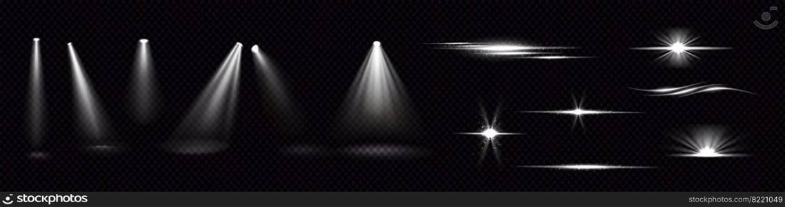 Light beams from spotlights and flashes isolated on transparent background. Vector realistic set of flare effects, bright white rays and glares with sparks. Shines and flares of projector. Light beams from spotlights and flashes