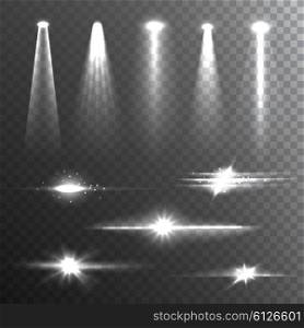 Light Beams White on Black composition . White beam lights set of different shapes and projections gleaming in the darkness banner abstract vector illustration