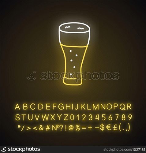 Light beer glass neon light icon. Pub, bar, tavern glowing sign with alphabet, numbers and symbols. Traditional foamy alcohol beverage vector isolated illustration. Unhealthy drink with froth