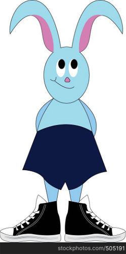 Light blue bunny in deep blue shorts and black sneakers vector illustration on white background.