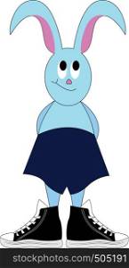 Light blue bunny in deep blue shorts and black sneakers vector illustration on white background.