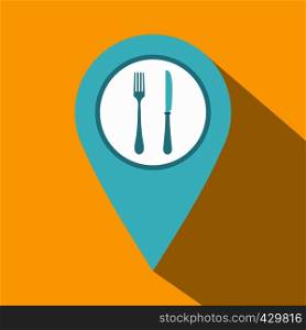Light blue map pointer with restaurant sign icon. Flat illustration of light blue map pointer with restaurant sign vector icon for web isolated on yellow background. Light blue map pointer with restaurant sign icon