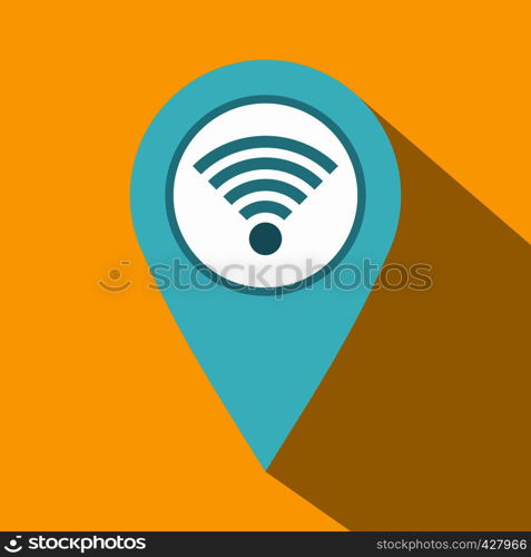 Light blue map pointer with wi fi symbol icon. Flat illustration of light blue map pointer with wi fi symbol vector icon for web isolated on yellow background. Light blue map pointer with wi fi symbol icon