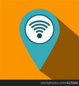 Light blue map pointer with wi fi symbol icon. Flat illustration of light blue map pointer with wi fi symbol vector icon for web isolated on yellow background. Light blue map pointer with wi fi symbol icon