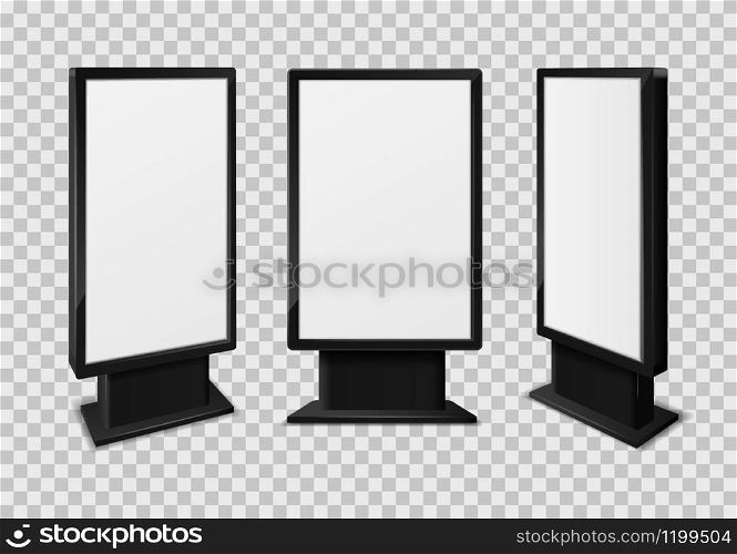 Light box. Realistic billboards, information advertising signage, outdoor frame display, exhibition communication stand design vector template