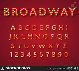 Light bulb alphabet in Broadway theatre style, vintage glowing bright letters and numbers with yellow lamps and shadows on red background. Typography vector illustration.. Light bulb alphabet in Broadway theatre style.