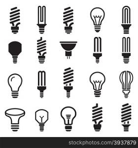 Light bulb and CFL lamp set icons on white background. Vector illustration.