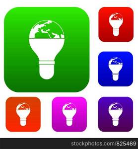 Light bulb and planet Earth set icon color in flat style isolated on white. Collection sings vector illustration. Light bulb and planet Earth set color collection