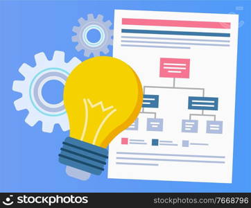 Light bulb, board with scheme, settings symbol on blue. Creative idea, page presentation with pattern, brainstorming element of decoration vector. Page with Scheme, Light Bulb, Presentation Vector