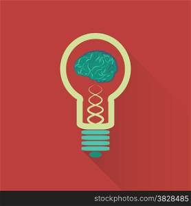Light bulb brain with long shadow on red background,flat design styles