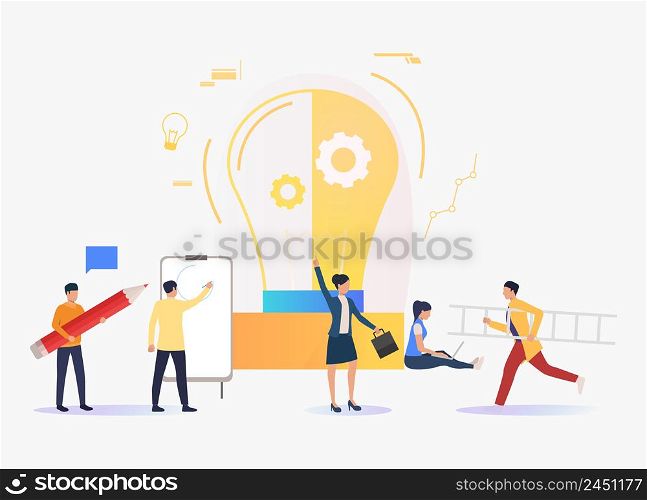 Light bulb, business people working and studying. Innovation, study, work concept. Vector illustration can be used for topics like business, education, research. Light bulb, business people working and studying