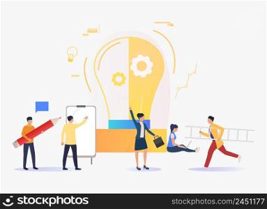 Light bulb, business people working and studying. Innovation, study, work concept. Vector illustration can be used for topics like business, education, research. Light bulb, business people working and studying
