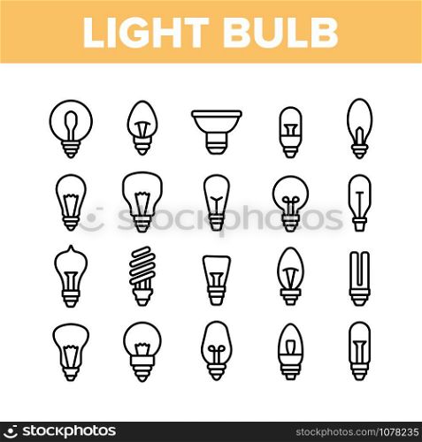 Light Bulb Collection Elements Icons Set Vector Thin Line. Electricity Energy Saving And Incandescent Light Bulb, Led And Fluorescent Lamp Concept Linear Pictograms. Monochrome Contour Illustrations. Light Bulb Collection Elements Icons Set Vector