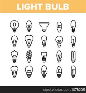 Light Bulb Collection Elements Icons Set Vector Thin Line. Electricity Energy Saving And Incandescent Light Bulb, Led And Fluorescent Lamp Concept Linear Pictograms. Monochrome Contour Illustrations. Light Bulb Collection Elements Icons Set Vector
