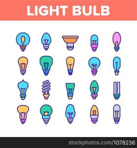Light Bulb Collection Elements Icons Set Vector Thin Line. Electricity Energy Saving And Incandescent Light Bulb, Led And Fluorescent Lamp Concept Linear Pictograms. Color Contour Illustrations. Light Bulb Collection Elements Icons Set Vector