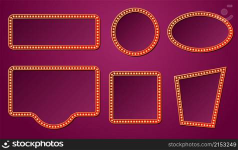 Light bulb frames. Isolated retro lights frame, 3d lighting signs. Circus theater cinema cafe boards. Casino advertising empty recent vector banner. Frame retro lamp, bulb glowing illustration. Light bulb frames. Isolated retro lights frame, 3d lighting signs. Circus theater cinema cafe boards. Casino advertising empty recent vector banner