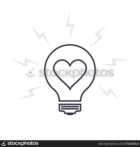 Light bulb icon as a symbol of idea. Outline lamp vector sign with lightning and heart inside. Creative valentines day illustration