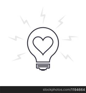 Light bulb icon as a symbol of idea. Outline lamp vector sign with lightning and heart inside. Creative valentines day illustration