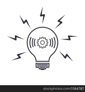 Light bulb icon as a symbol of idea. Outline vector sign with lightning and gear inside. Creative illustration