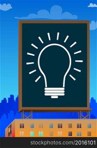 Light Bulb icon on a billboard sign atop a building. Outdoor advertising in the city. Banner on roof top. Ideas, idea, success, growth, creativity concept.