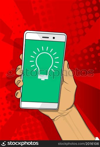 Light Bulb icon on Smartphone screen. Cartoon vector illustrated mobile phone. Ideas, idea, success, growth, creativity concept.