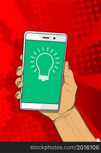 Light Bulb icon on Smartphone screen. Cartoon vector illustrated mobile phone. Ideas, idea, success, growth, creativity concept.