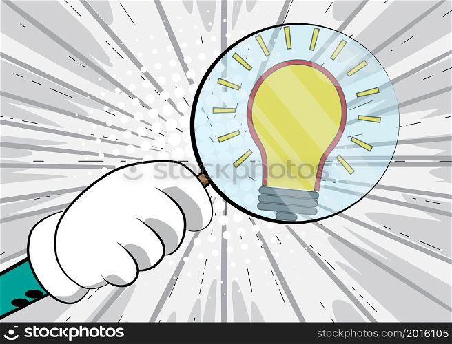 Light Bulb icon under magnifying glass illustration on comic book background. Ideas, idea, success, growth, creativity concept.