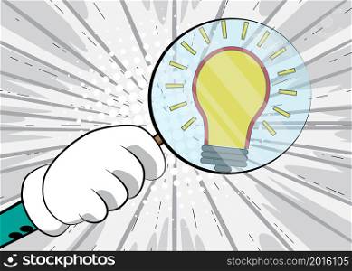 Light Bulb icon under magnifying glass illustration on comic book background. Ideas, idea, success, growth, creativity concept.
