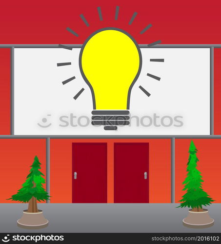 Light Bulb icon with front door background. Store, Shop or market front with poster. Ideas, idea, success, growth, creativity concept.