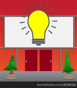 Light Bulb icon with front door background. Store, Shop or market front with poster. Ideas, idea, success, growth, creativity concept.