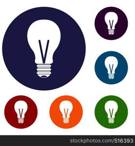 Light bulb icons set in flat circle red, blue and green color for web. Light bulb icons set