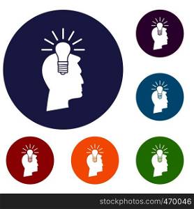 Light bulb idea icons set in flat circle reb, blue and green color for web. Light bulb idea icons set