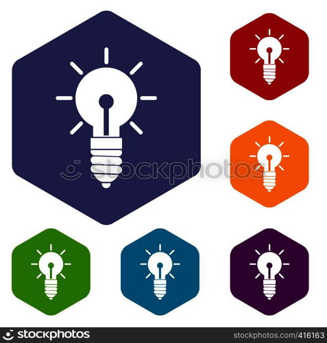 Light bulb idea icons set rhombus in different colors isolated on white background. Light bulb idea icons set