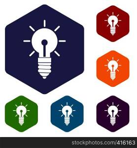 Light bulb idea icons set rhombus in different colors isolated on white background. Light bulb idea icons set